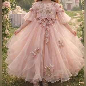 Bespoke Girls Handmade Pink Silk Organza Embroidered Fairytale Formal Gown